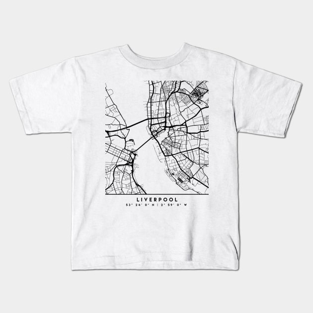 LIVERPOOL ENGLAND BLACK CITY STREET MAP ART Kids T-Shirt by deificusArt